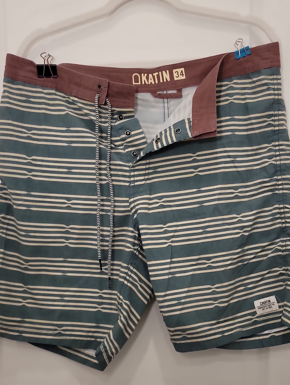 Katin Teal and Cream Striped Swim Shorts with Brown Waistband